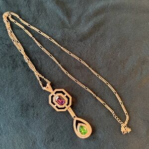 Gold-Tone Pendant Necklace with Purple and Green Stones